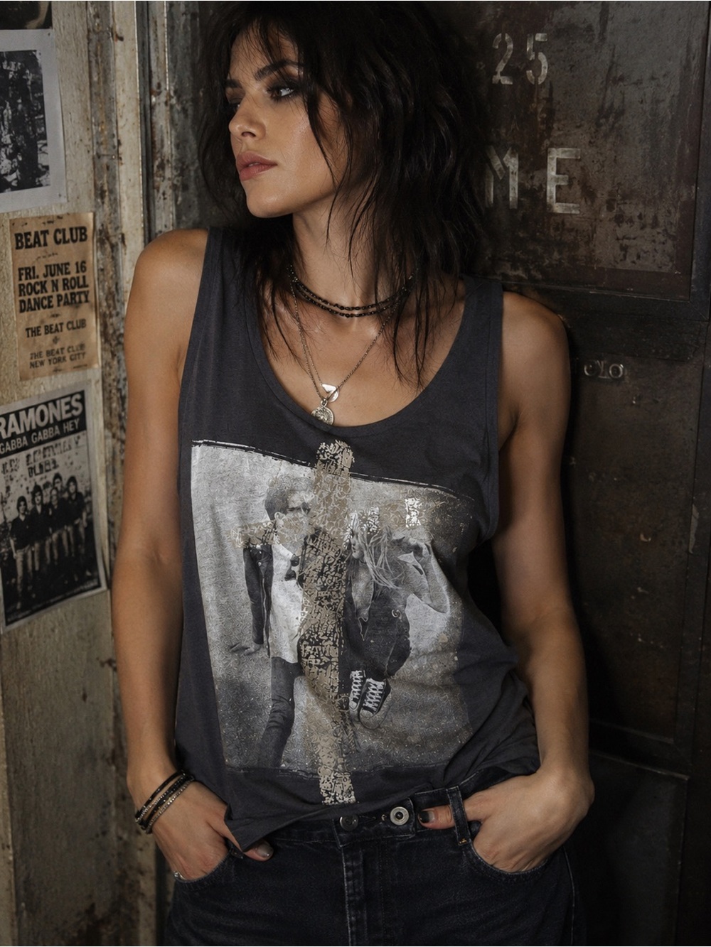 Topshop Graphic Tank Top Gray Metallic Photo Y2K Indie Sleaze US 8 NWOT